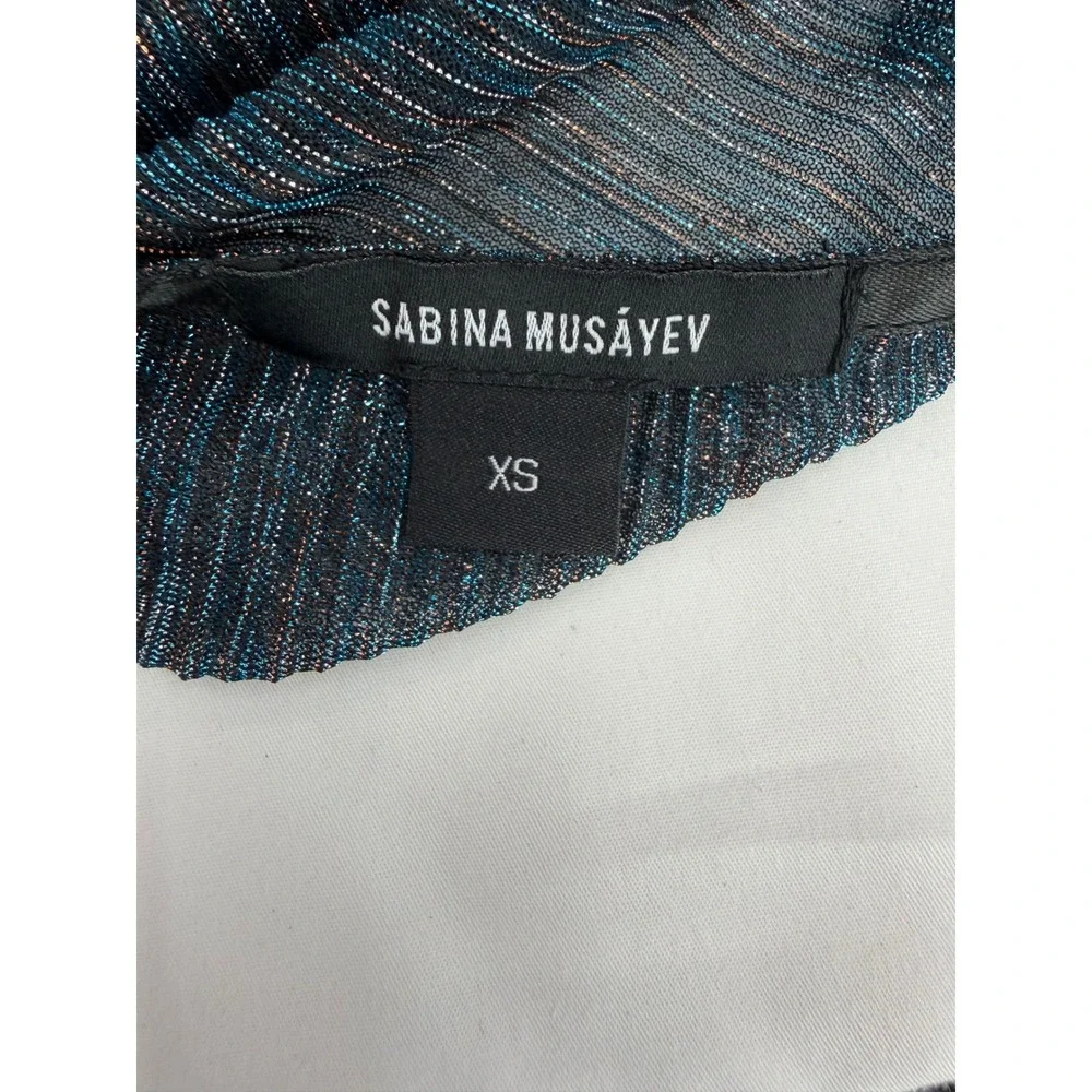 Sabina Musayev Pleated Carry Dress Teal Metallic Tiered Midi V-Neck XS - Picture 5 of 8